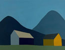 Blue Barn and Yellow Barn with Two Mountains