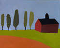 Red Barn with Four Trees, Orange and Green Field